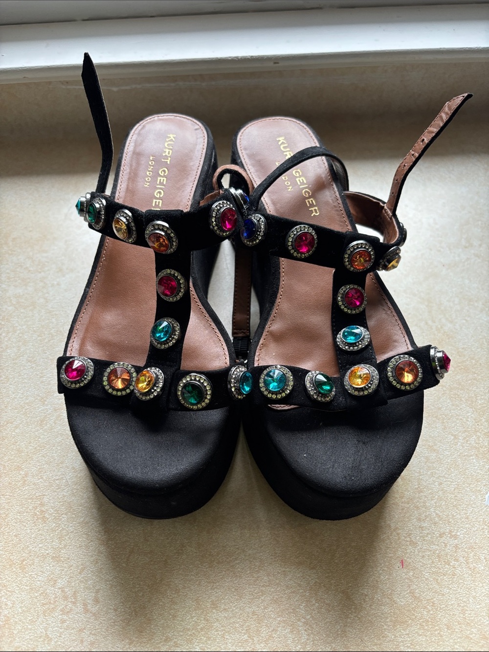 Kurt Geiger Black Jeweled T-Strap Platform Sandals with Multicolor Gemstones